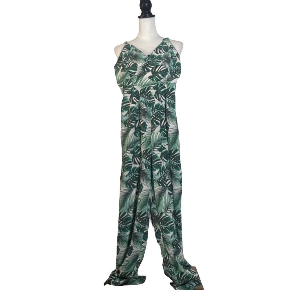 Massimo Fabro White Green Tropical V Neck Cinched Waist Sleeveless Jumpsuit 4